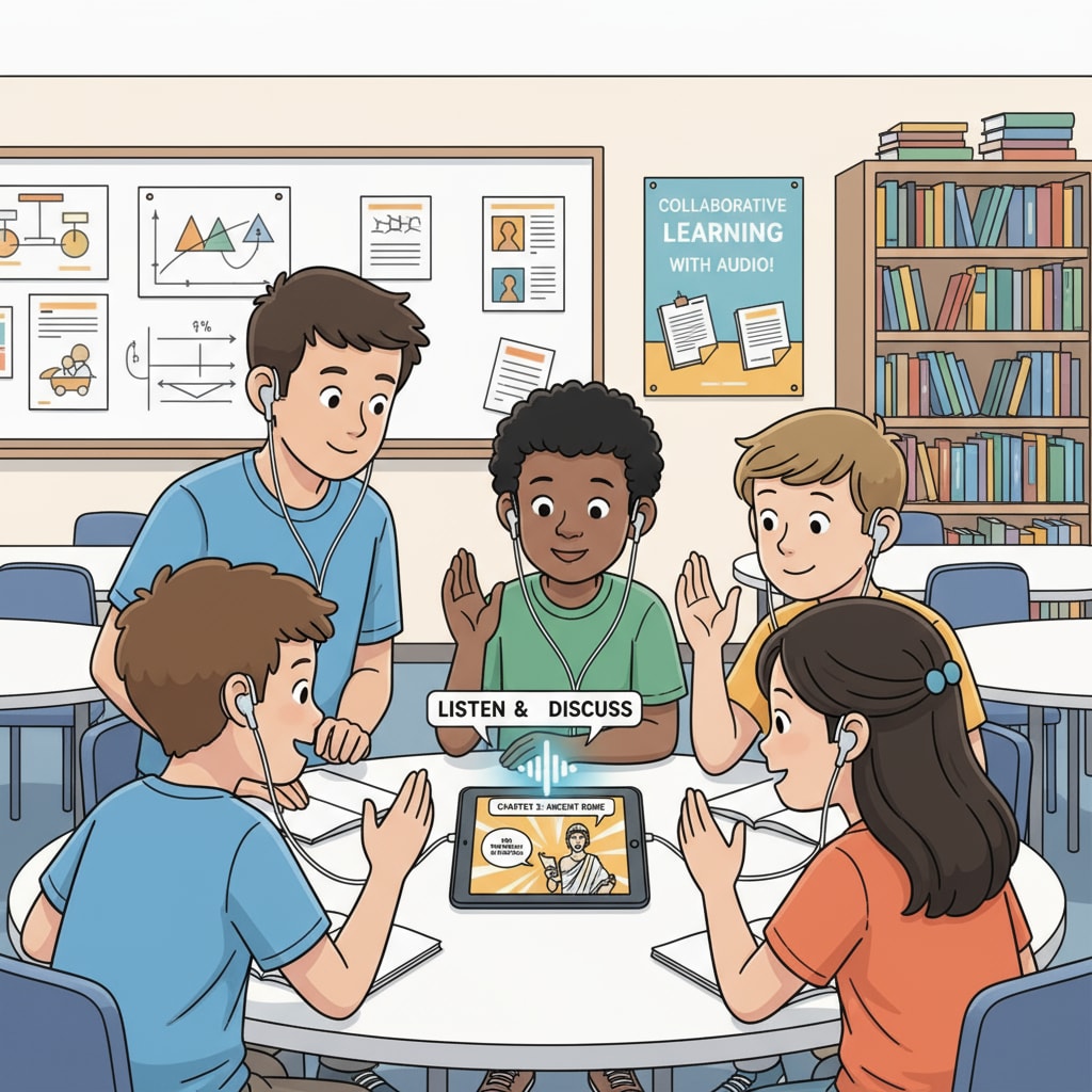 A group of students are gathered around a device, listening intently to an audiobook, showing the collaborative aspect of using audiobooks in an educational setting. Students listening to an audiobook together for Chinese language education and reading fluency improvement