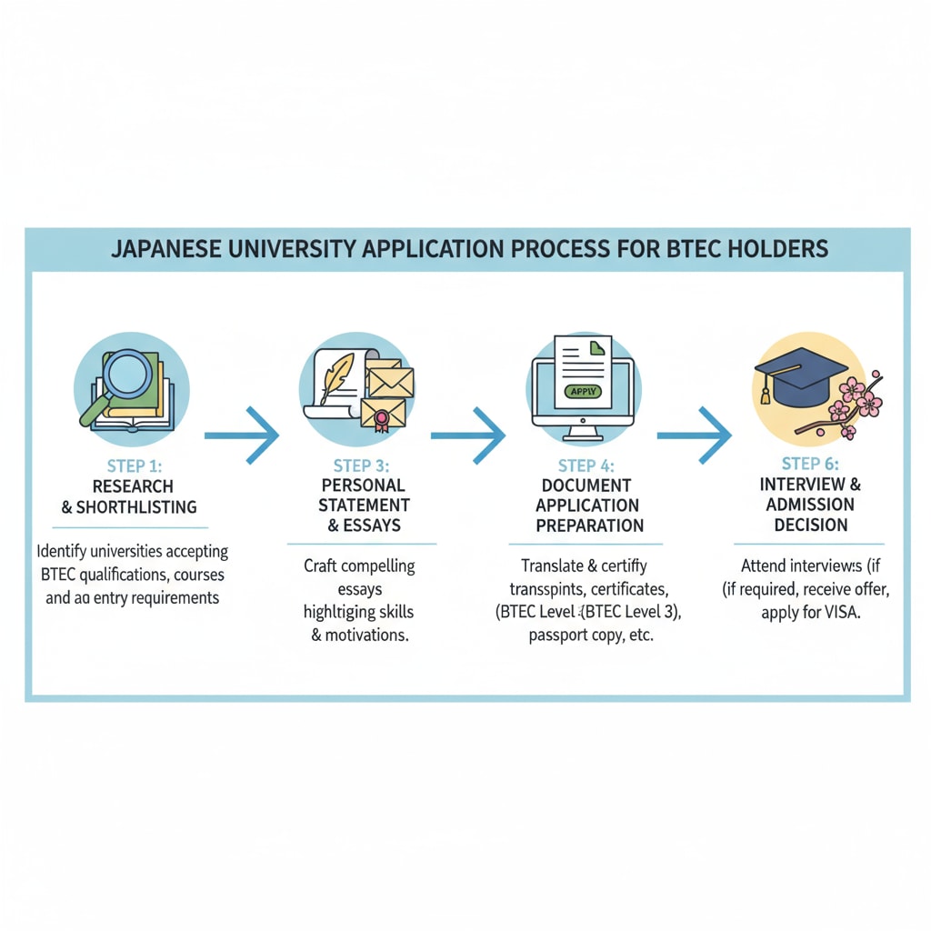 An illustration showing the various steps involved in the application process for Japanese universities for BTEC holders, including research, personal statement preparation, and reference letter acquisition. Application process for Japanese universities for BTEC holders