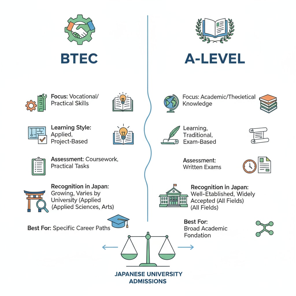 A visual comparison between the features of BTEC and A-level qualifications in the context of Japanese university admissions, highlighting differences in academic and vocational aspects. Comparison of BTEC and A-level for Japanese university admission
