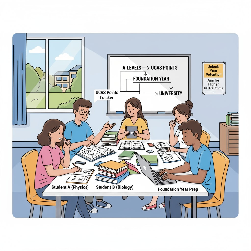 An illustration showing A-Levels students studying hard to improve their chances of getting more UCAS points for foundation year applications. A-Levels students working towards boosting UCAS points for foundation year