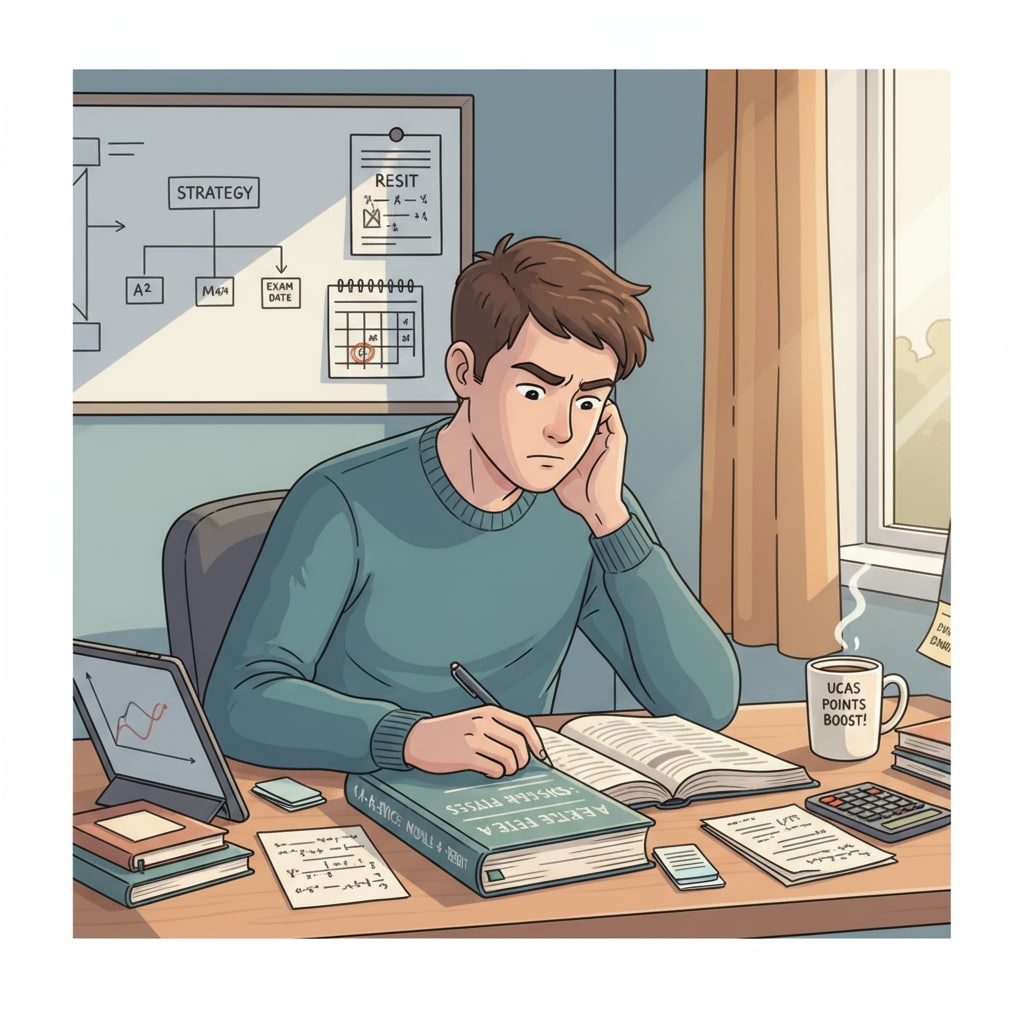 A picture of a student concentrating while studying for an A-Level module resit to increase UCAS points. Student studying for A-Level module resit for UCAS points boost in foundation year context