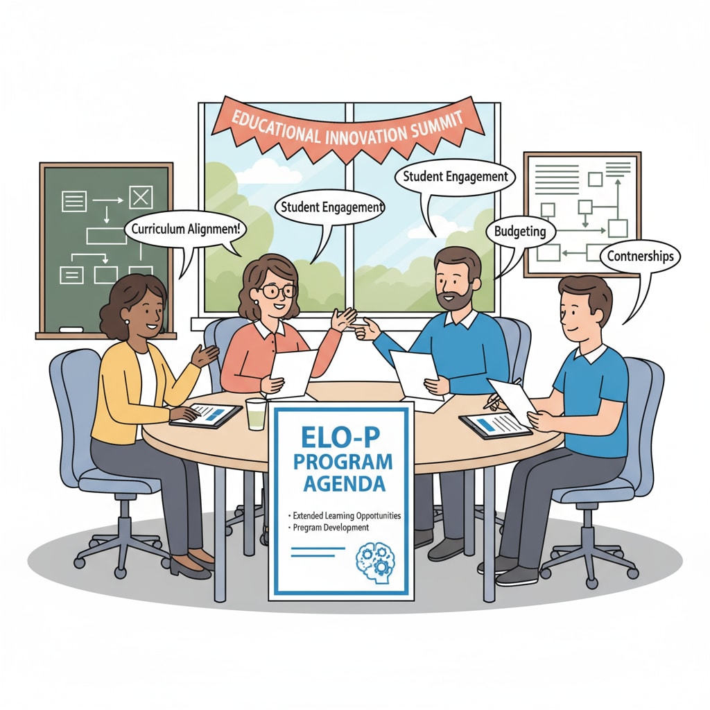 A group of educators are sitting around a table in a meeting room, discussing the ELO-P program. They are looking at documents and having a lively conversation. Educators discussing the California ELO-P and its impact on expanded learning opportunities with education funding.