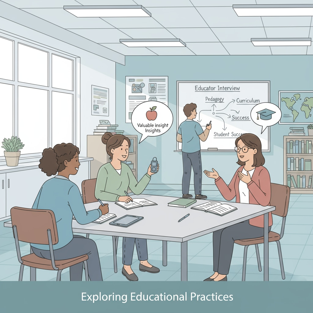 A group of college students are interviewing a K12 educator in a classroom. The students are asking questions and taking notes, while the educator is sharing valuable insights. College students interviewing a K12 educator in an urban education project