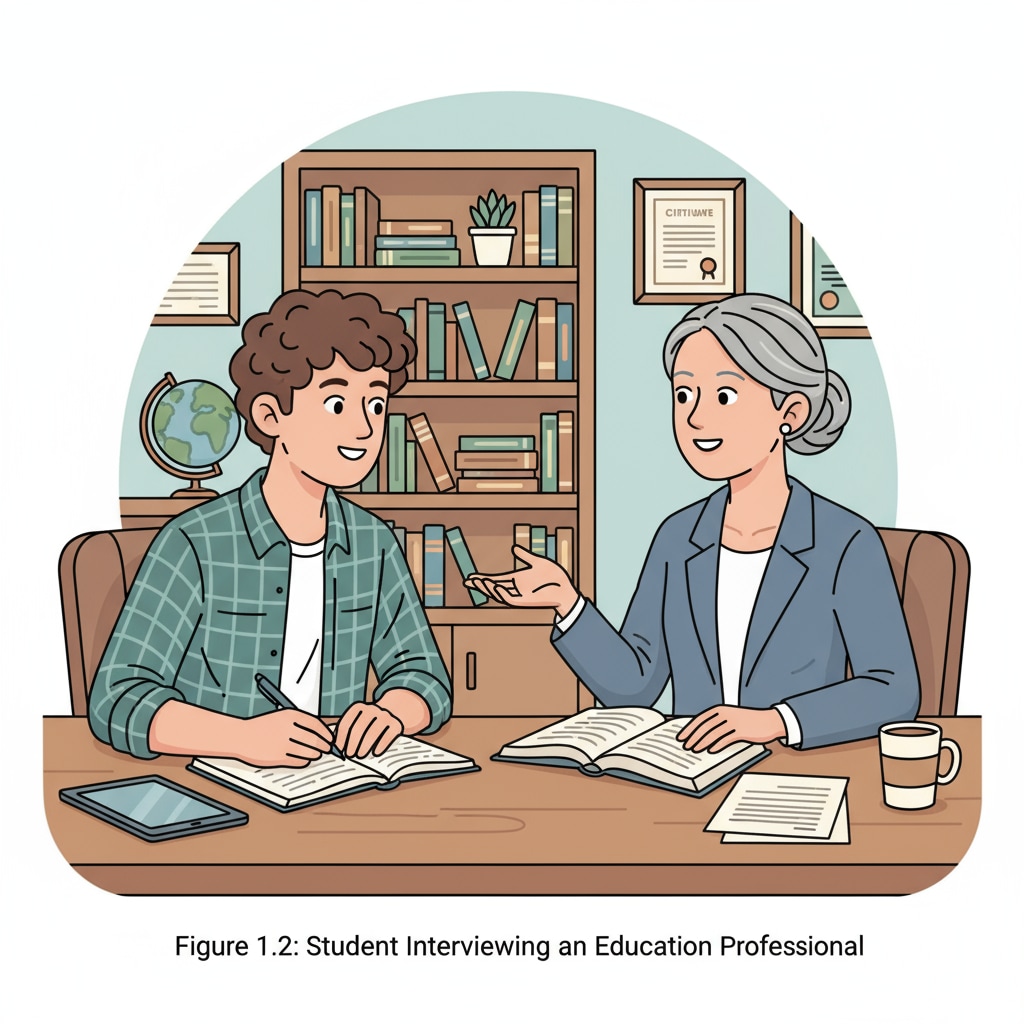 A college student is sitting across from an education professional, taking detailed notes during an interview. The student seems engaged and eager to learn. College student taking notes during an interview for an urban education program