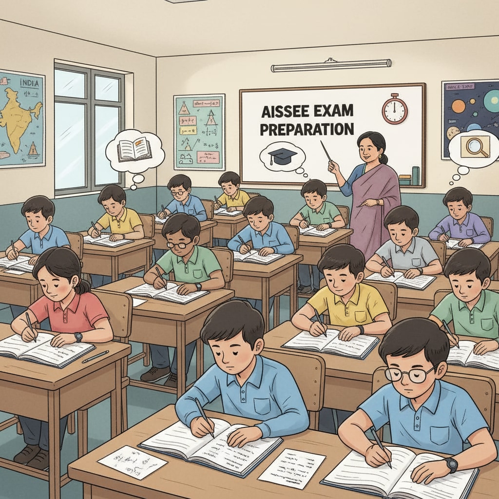 A group of students sitting at desks, looking at books and papers, seemingly preparing for the AISSEE exam. Students preparing for the AISSEE,Sainik School, entrance exam