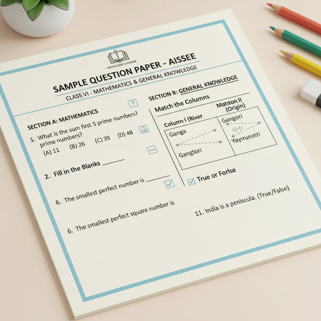 A close-up view of a sample AISSEE question paper showing different types of questions. Sample AISSEE question paper for Sainik School entrance exam