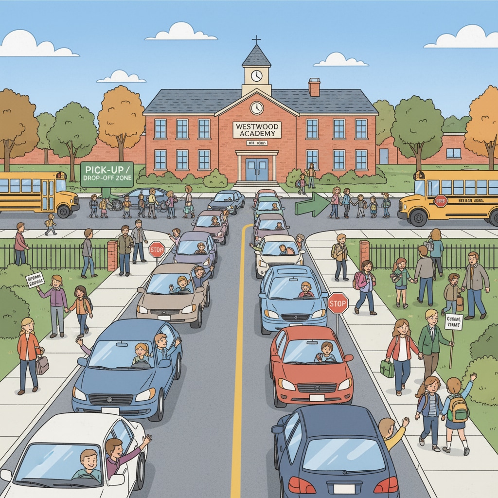 School drop-off and pick-up with traffic congestion in a small town