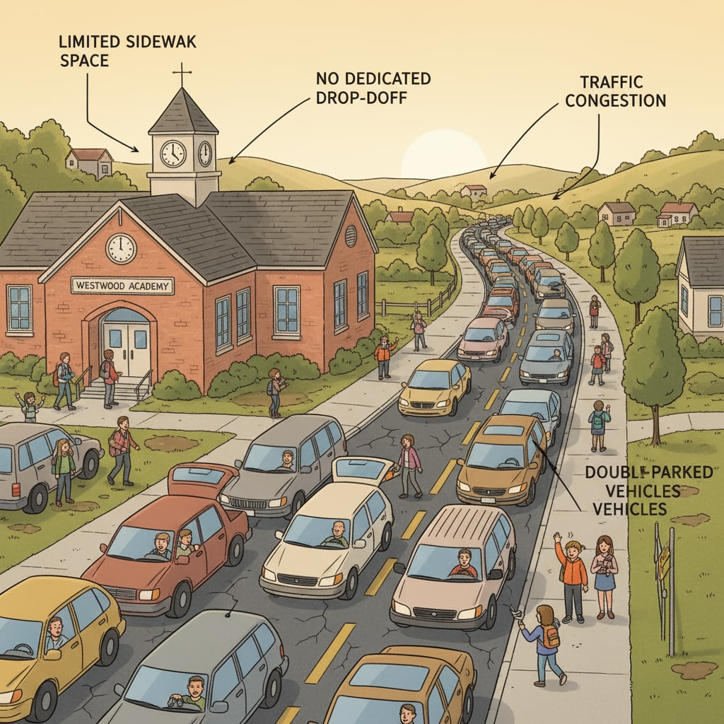 Narrow road and parked cars near a small town school during drop-off