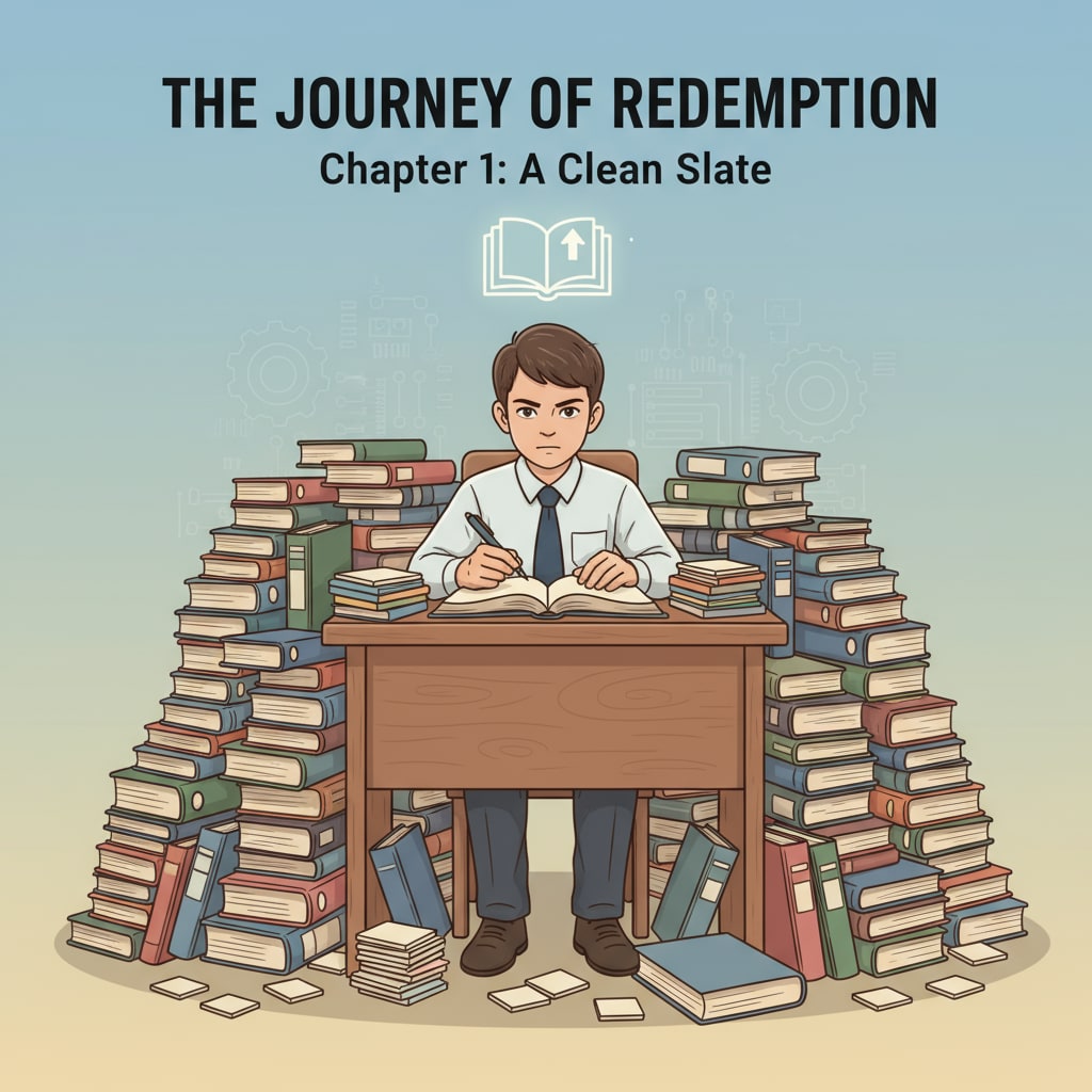 A student looking determined while sitting at a desk, surrounded by books, symbolizing the effort towards a fresh start after expulsion. Determined student preparing for reapplication after expulsion