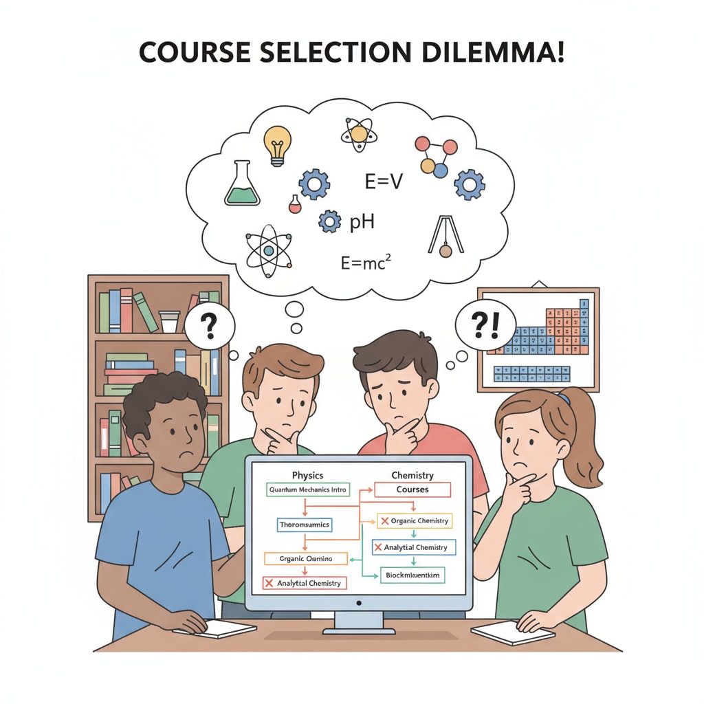 A group of high school students are having a discussion about physics and chemistry courses while sitting in front of a computer screen, showing their confusion and thought process in course selection. High school students discussing online physics and chemistry courses in relation to the health field