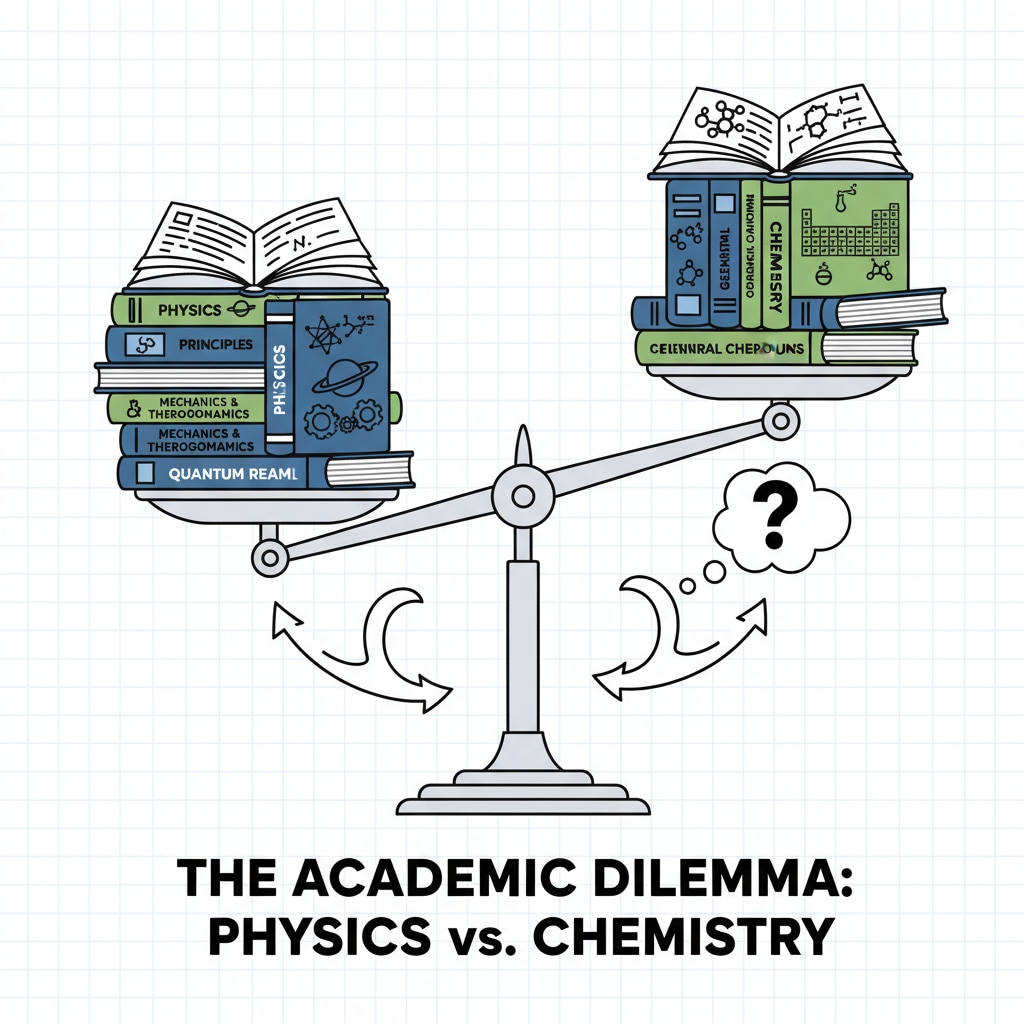 An illustration with a balance scale, where on one side there are physics books and on the other side there are chemistry books, symbolizing the dilemma of choosing between the two subjects. Illustration of the choice dilemma between online physics and chemistry courses relevant to the health field
