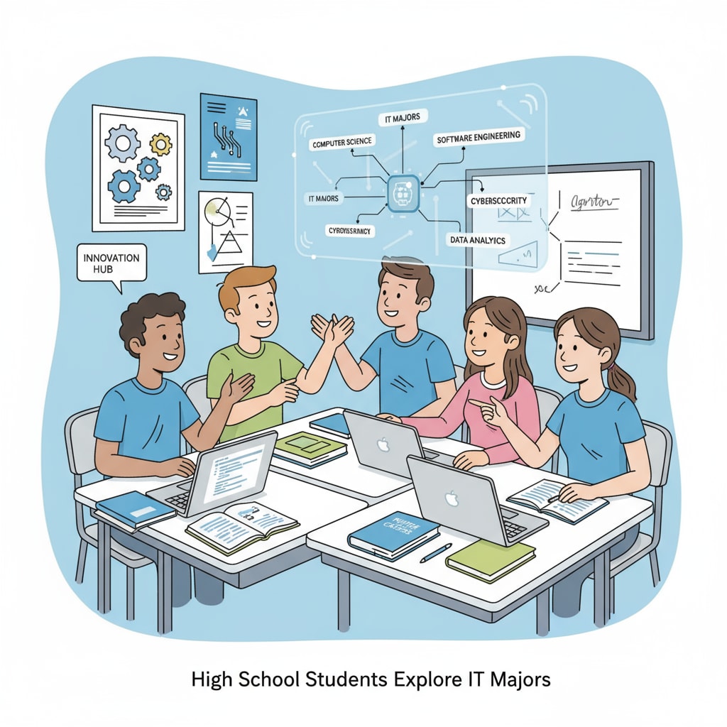 A group of high school students are having a discussion about IT majors in a classroom setting, with books and laptops on the desks. High school students discussing IT majors for their future university and career development