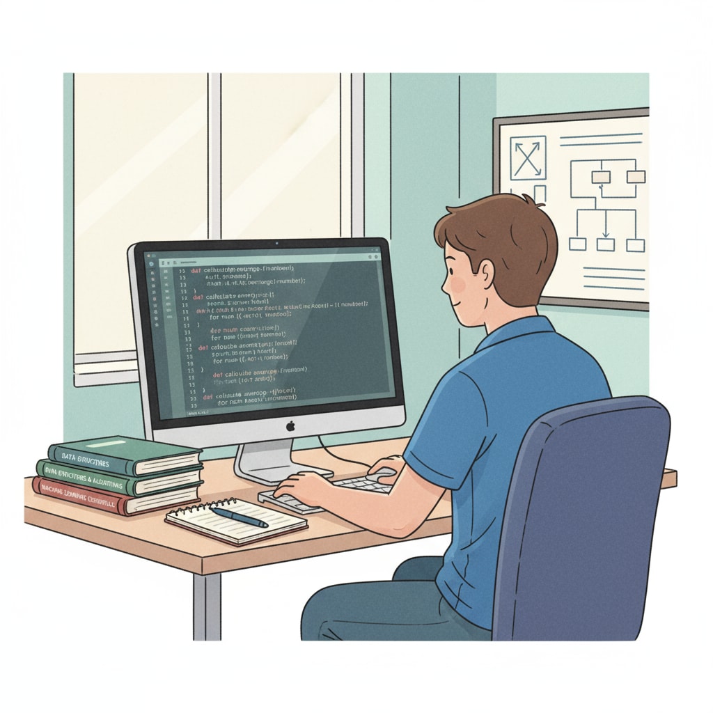 A student is sitting in front of a computer, typing code on the screen, with some coding books beside. A student coding on a computer as part of preparing for an IT major and future career