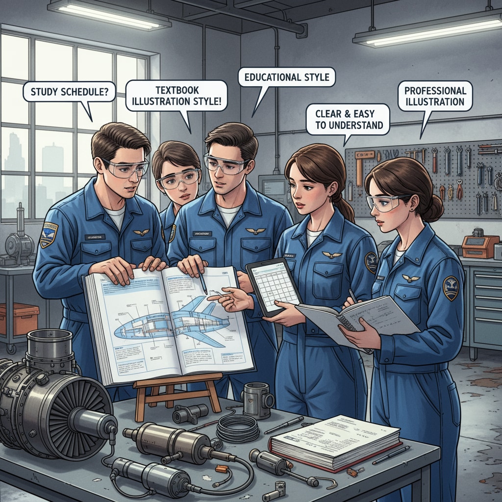 A group of aviation maintenance students in an internship workshop, looking at aircraft components while discussing study schedules Aviation maintenance students in an internship workshop discussing study schedules related to internship workload, study-time balance, and professional communication