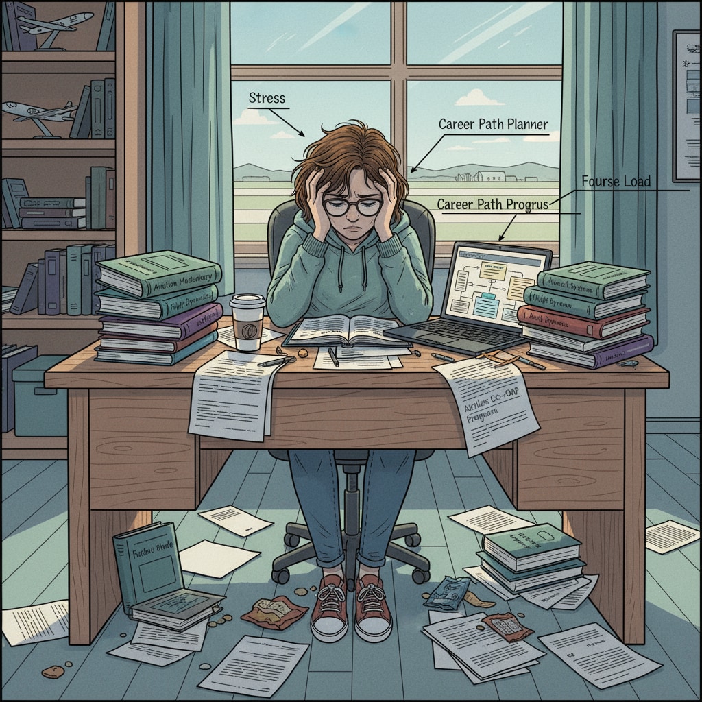 A student sitting at a desk, surrounded by aviation textbooks and internship paperwork, looking stressed A stressed student surrounded by aviation study materials and internship paperwork, highlighting the challenges of internship workload, study-time balance, and professional communication