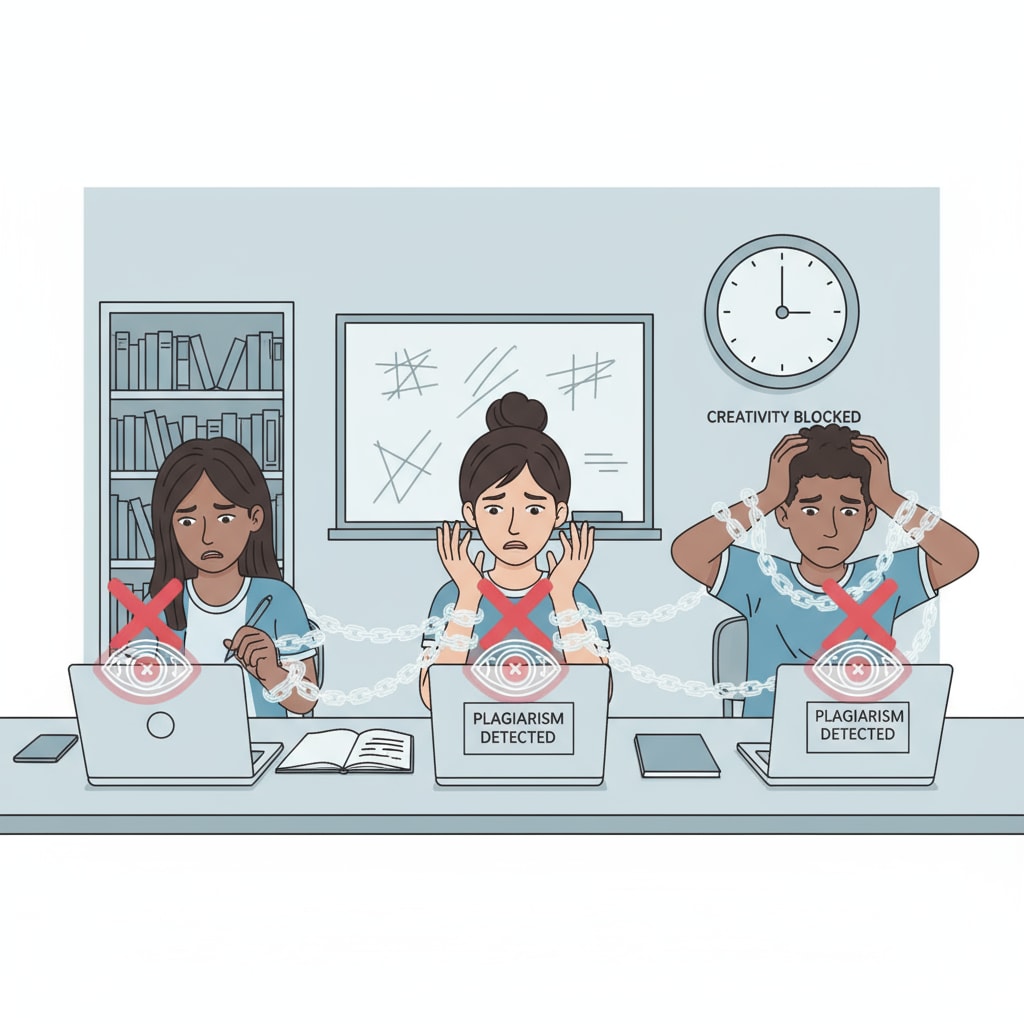 A visual representation of high school students feeling restricted in their creative writing due to the presence of AI detection tools. High school students' creative writing being affected by AI detection tools