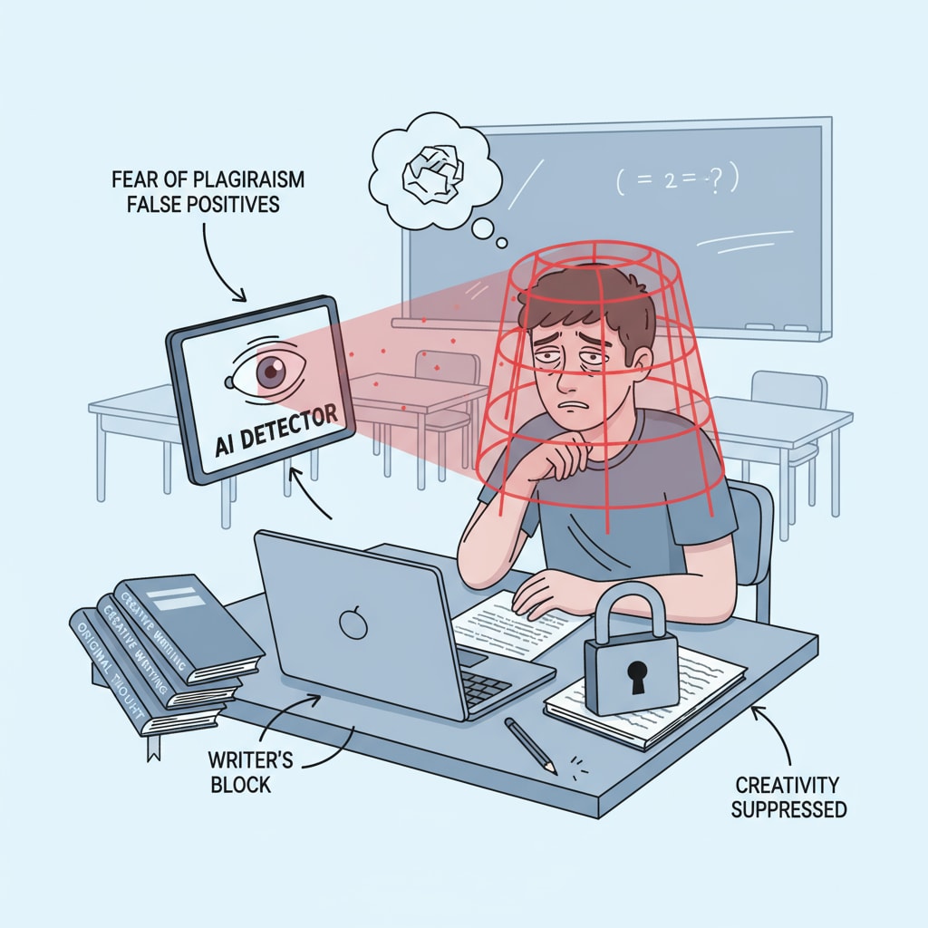 A scene depicting a student losing interest in writing because of the pressure from AI detection tools. Student losing enthusiasm for writing because of AI detection