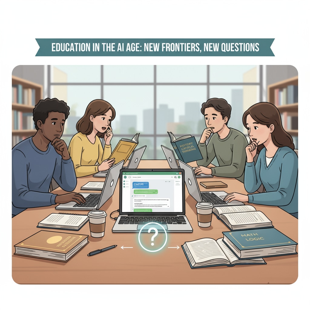 The picture shows students using laptops with ChatGPT interface on the screen, with textbooks beside, highlighting the new challenges in education brought by AI tools. Students using ChatGPT for homework and the potential for cheating