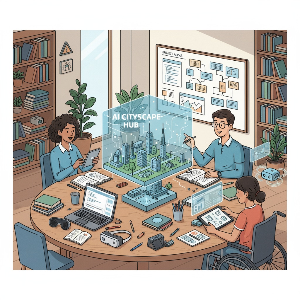 An image of students working on a group project at home, discussing ideas and using various materials, symbolizing the new direction of homework in the AI age. Students engaged in a creative and interactive homework project