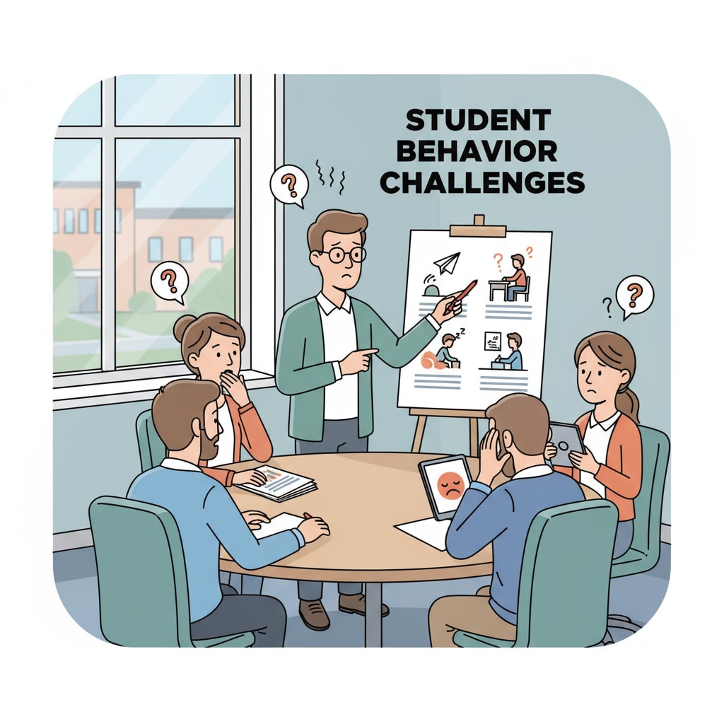 A group of teachers is gathered in a meeting room, looking worried and concerned as they discuss the various student behavior problems they are facing in the classroom. Teachers discussing student behavioral issues, lack of support, and professional challenges