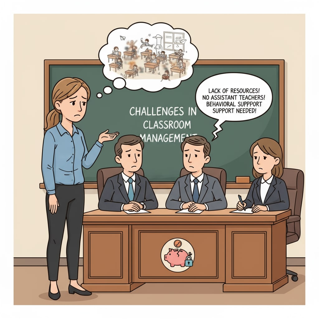 A teacher is standing in front of school management officials, with a disappointed expression on her face, as she tries to convey the difficulties she is having in dealing with student behavior without sufficient support. Teacher expressing disappointment due to lack of school management support in handling student behavioral issues and professional challenges