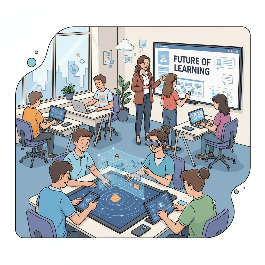 A group of Generation Z students actively participating in a modern classroom setting with digital devices. This represents the new learning environment that educators need to adapt to. Generation Z students in a modern classroom related to teaching methods, higher education, and graduate programs