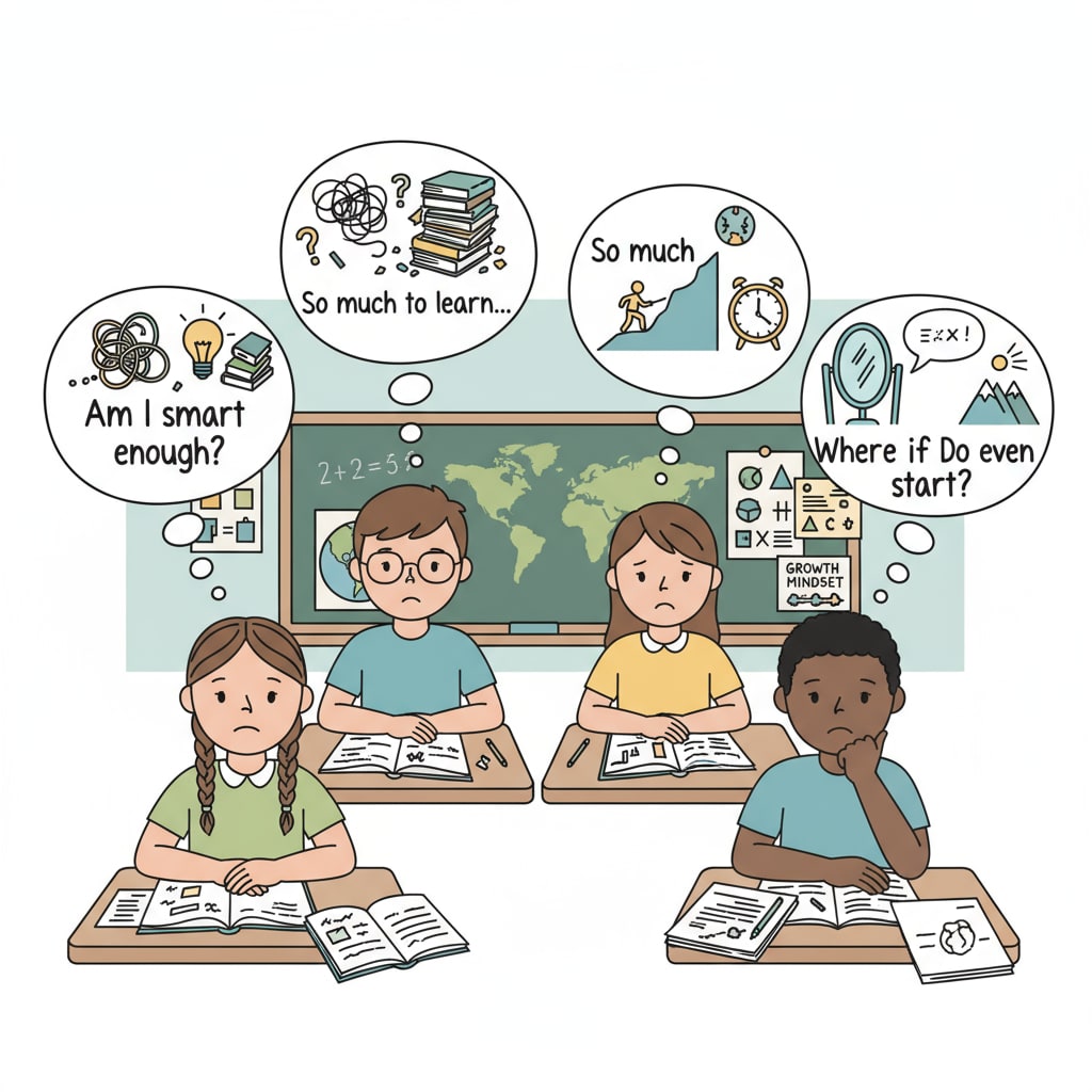 A group of K12 students sitting in a classroom, looking pensive, which reflects their possible inner thoughts about learning and self-doubt. K12 students showing signs of intellectual disabilities, self-cognition issues, and learning puzzles in a classroom