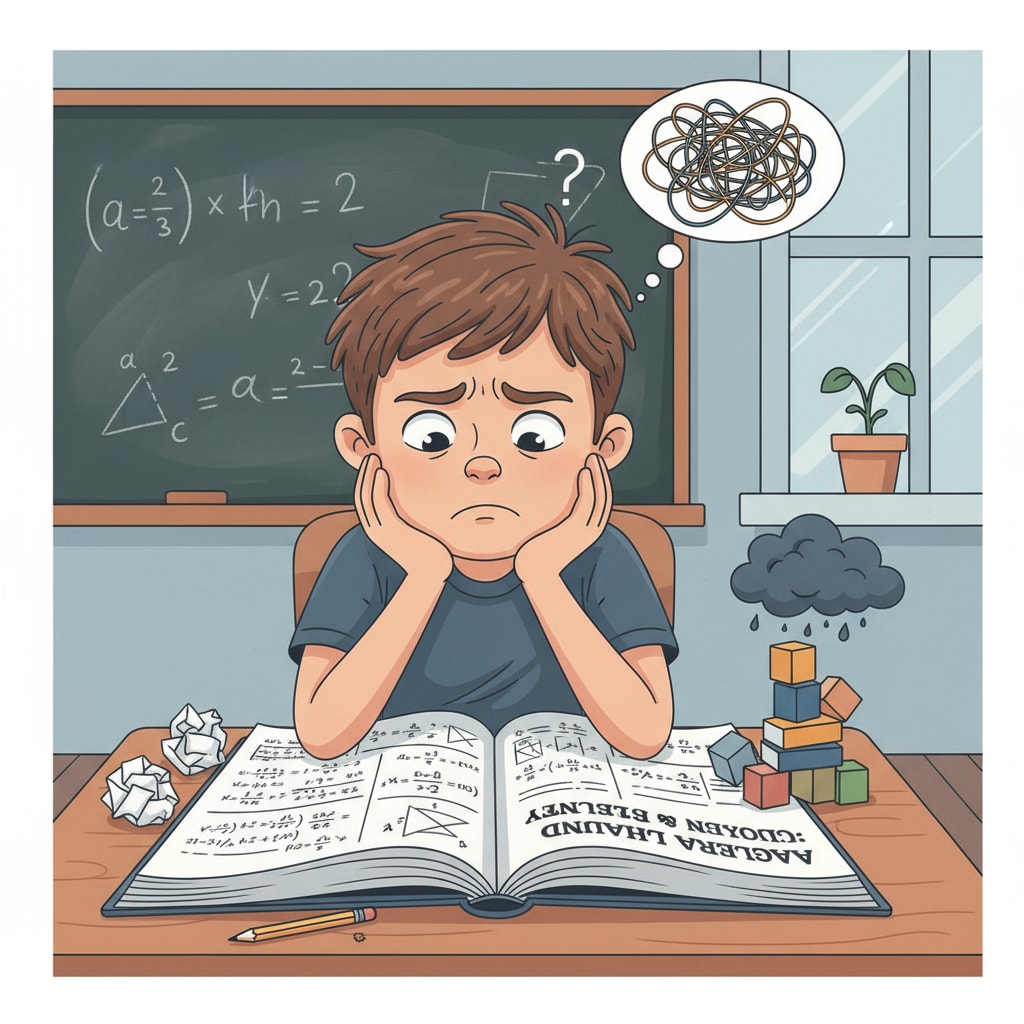 A student sitting at a desk, looking frustrated at a math textbook, indicating the learning puzzles and self-doubt related to academic performance. A student experiencing self-doubt about intelligence while facing learning difficulties with a math textbook