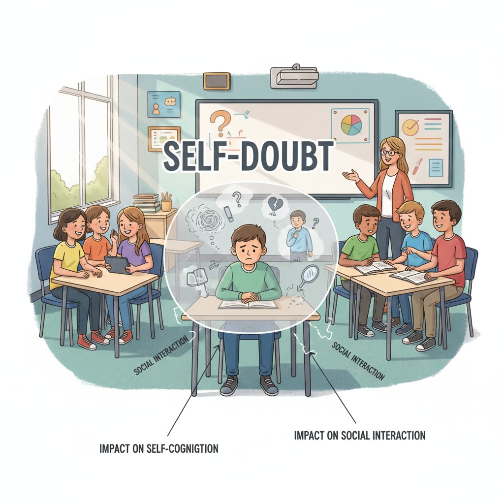 A group of students in a classroom, with one student looking isolated, representing the impact of self-doubt on self-cognition and social interaction. A student showing signs of distorted self-cognition due to intellectual disabilities and learning puzzles in a classroom setting