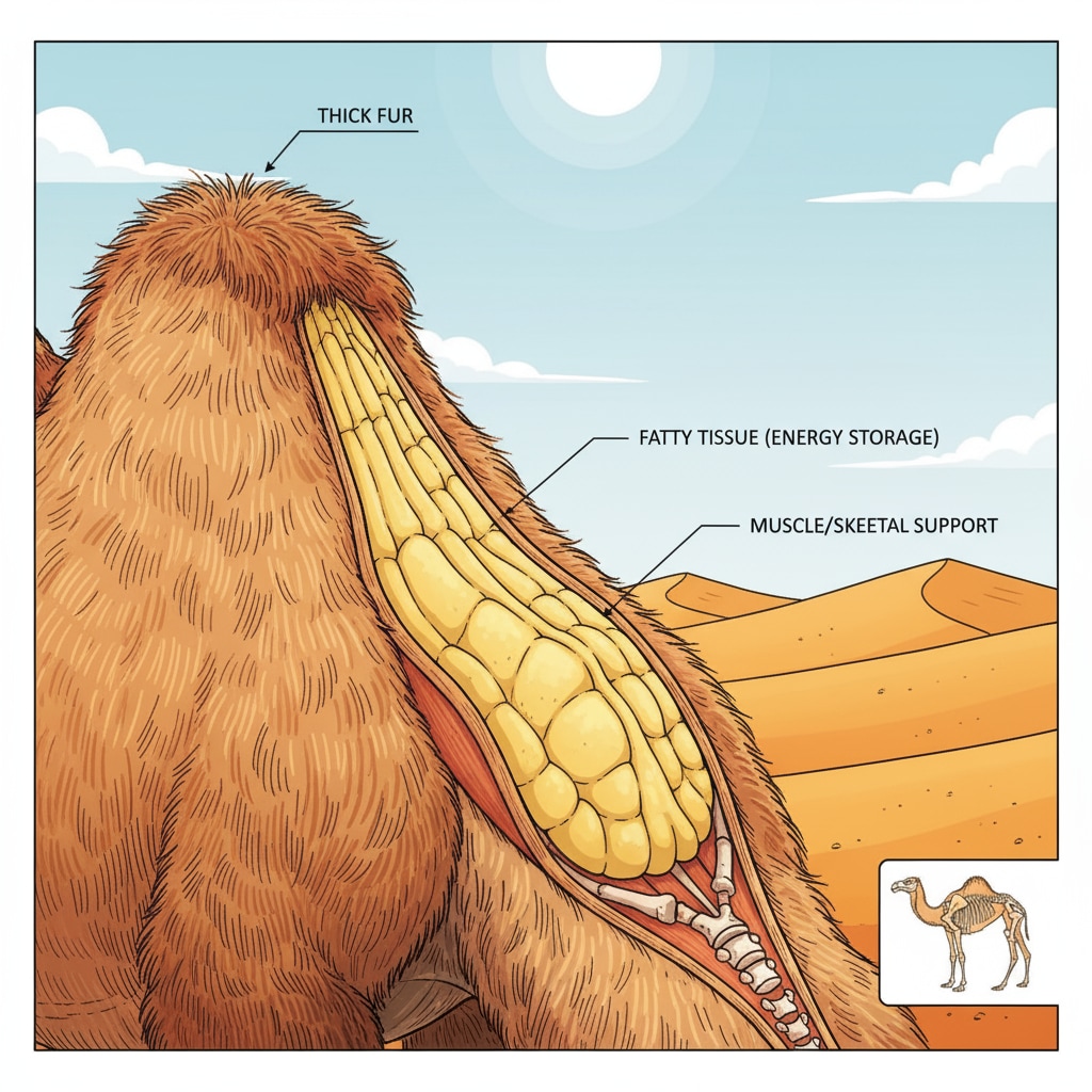 A camel's hump, an important adaptation for survival in the desert, highlighting evolutionary traits and survival mechanisms