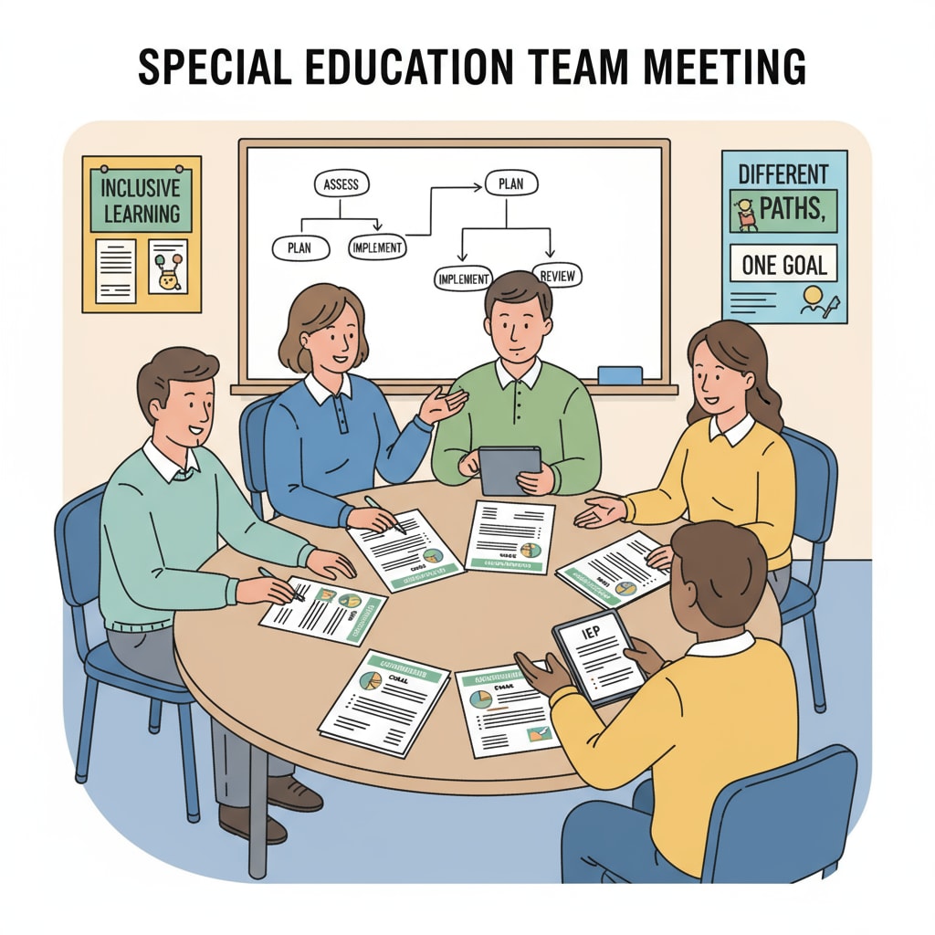 A group of special education teaching assistants are sitting around a table, looking at IEP documents and having a discussion. Special education teaching assistants discussing IEP documents to overcome reading comprehension difficulties