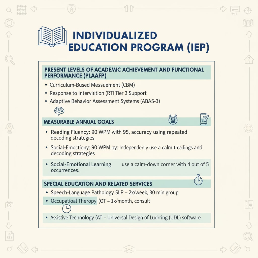 A close-up view of a page from an IEP document, showing various complex educational terms and phrases. Page of an IEP document with complex terms causing reading comprehension difficulties for special education teaching assistants