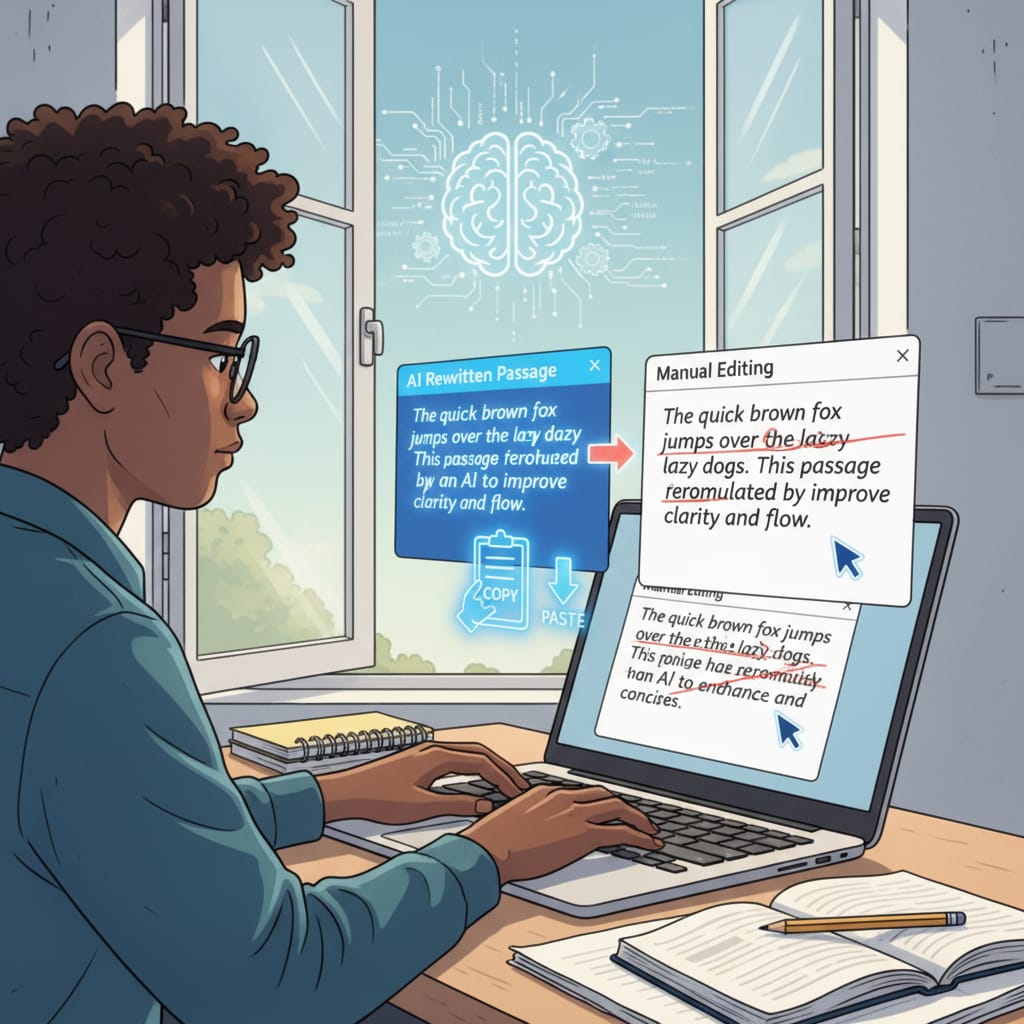 An illustration showing a student typing on a computer, with a window open that displays an AI - rewritten passage being copied and pasted, followed by manual editing. Student using AI rewriting tool and manually entering content
