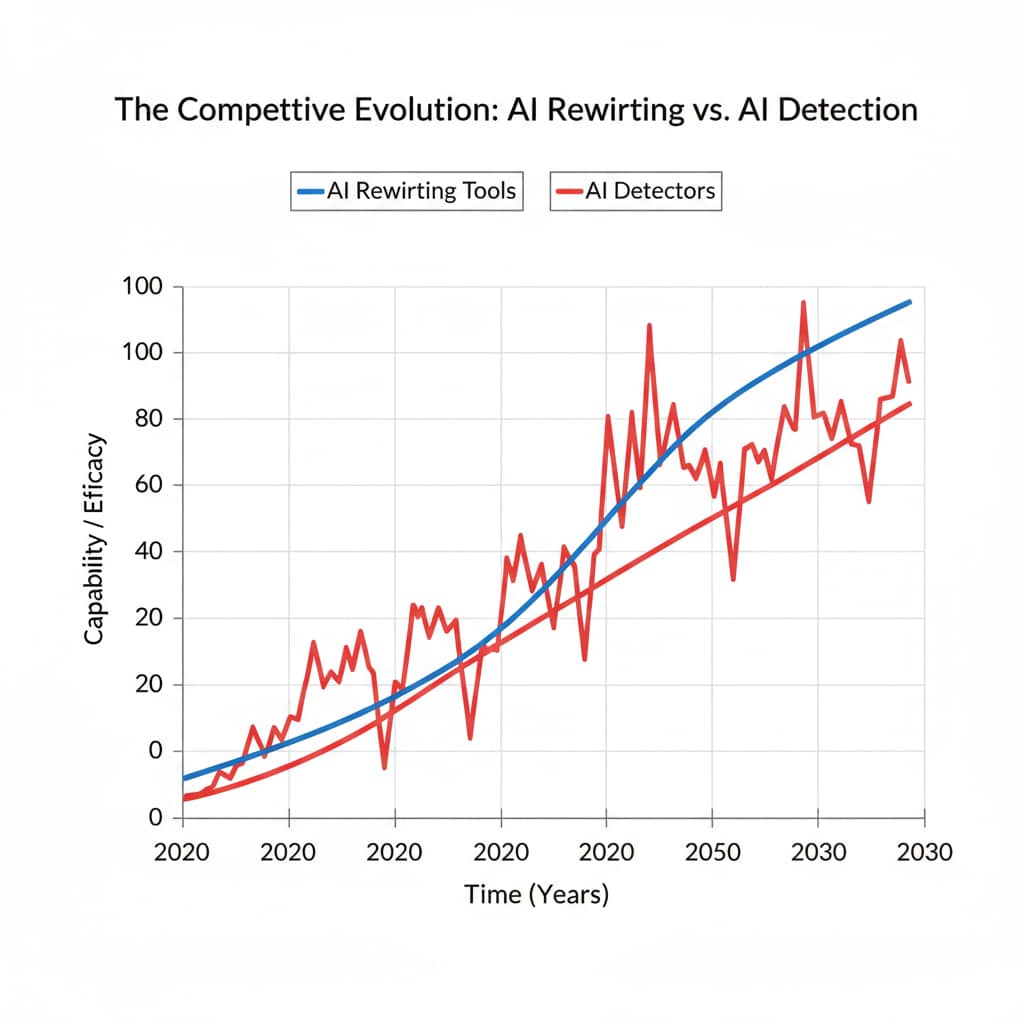 A graph with two lines representing the development of AI rewriting tools and AI detectors over time, showing how they are competing with each other. Graph of competition between AI rewriting tools and AI detectors