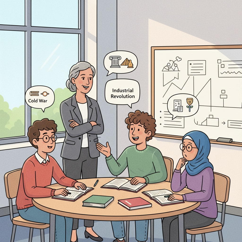 A group of students are engaged in a lively discussion about historical events in a classroom setting, with a teacher observing. Students discussing history in a classroom, related to teacher careers, history education, and college majors