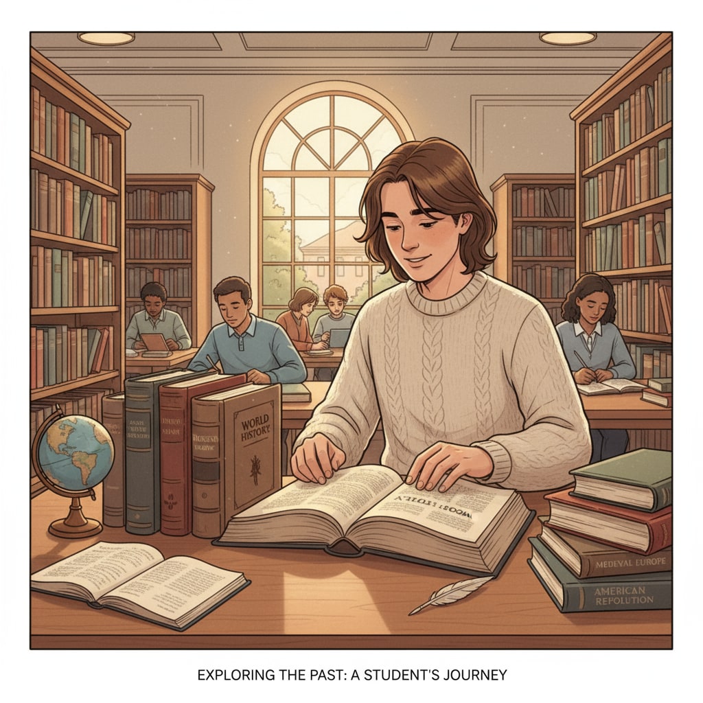 A student is browsing through a collection of history books in a college library, showing interest in historical studies. Student browsing history books in a college library, relevant to teacher careers, history education, and college majors