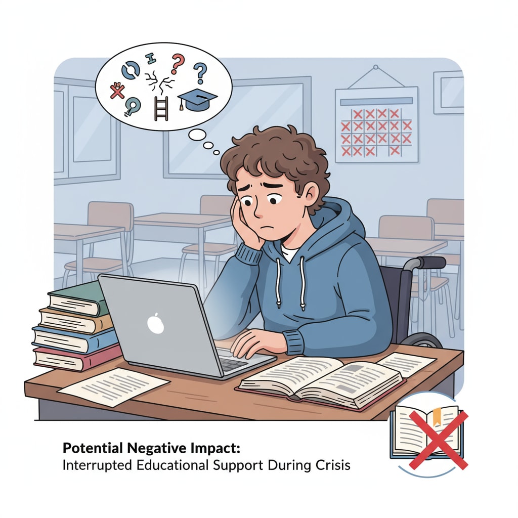 A single student with a disability is sitting at a desk, with a somewhat disappointed expression on their face. This represents the potential negative impact of lack of educational support during the crisis. A student with a disability facing challenges in getting educational support during the government shutdown