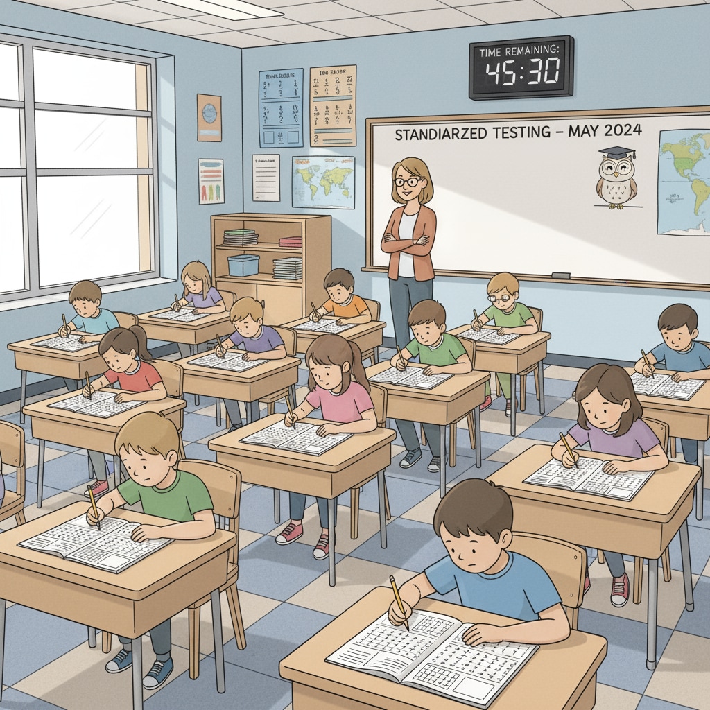 A classroom scene in a US public school where students are sitting at their desks, concentrating on taking a standardized test. Students taking a test in a US public school related to education funding and test scores