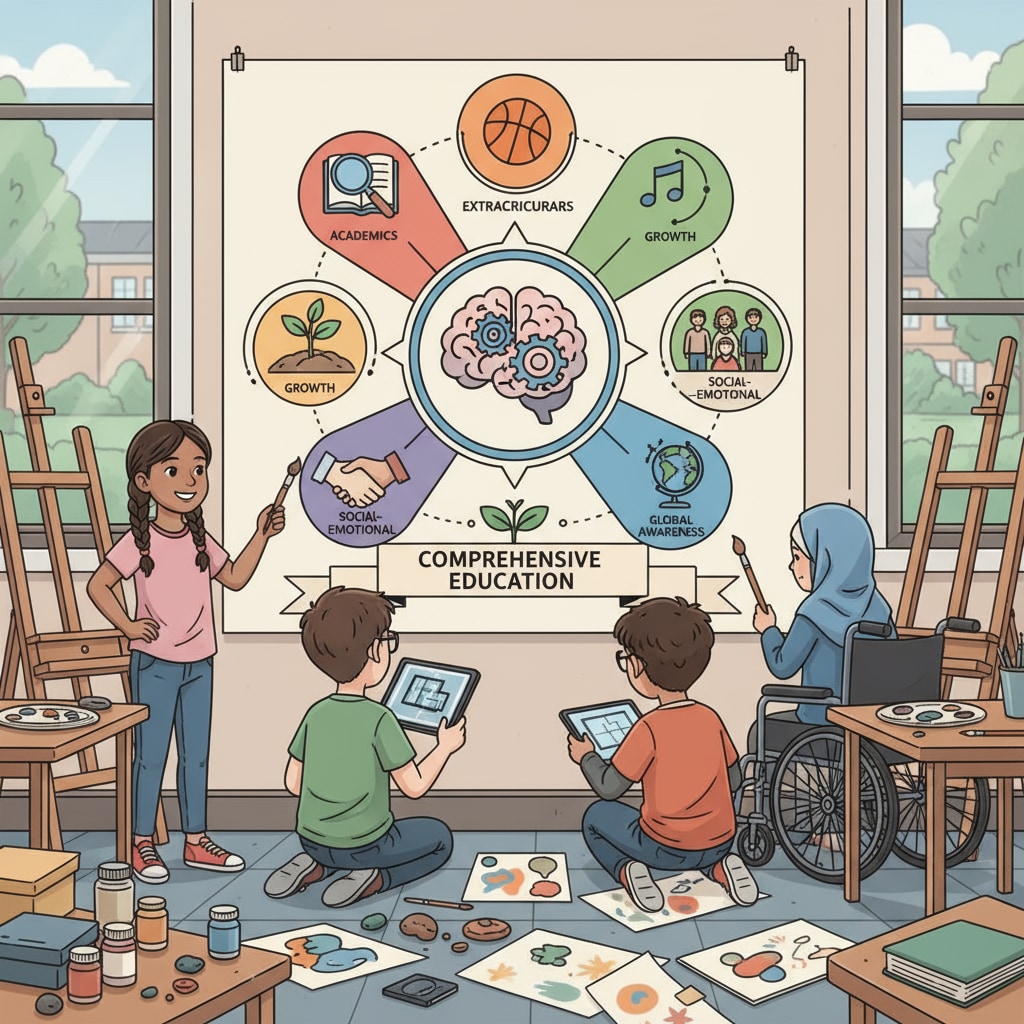 A group of students in a US public school art class, working on a creative art project, showing the aspect of comprehensive education. Students engaged in an art project in a US public school highlighting true learning