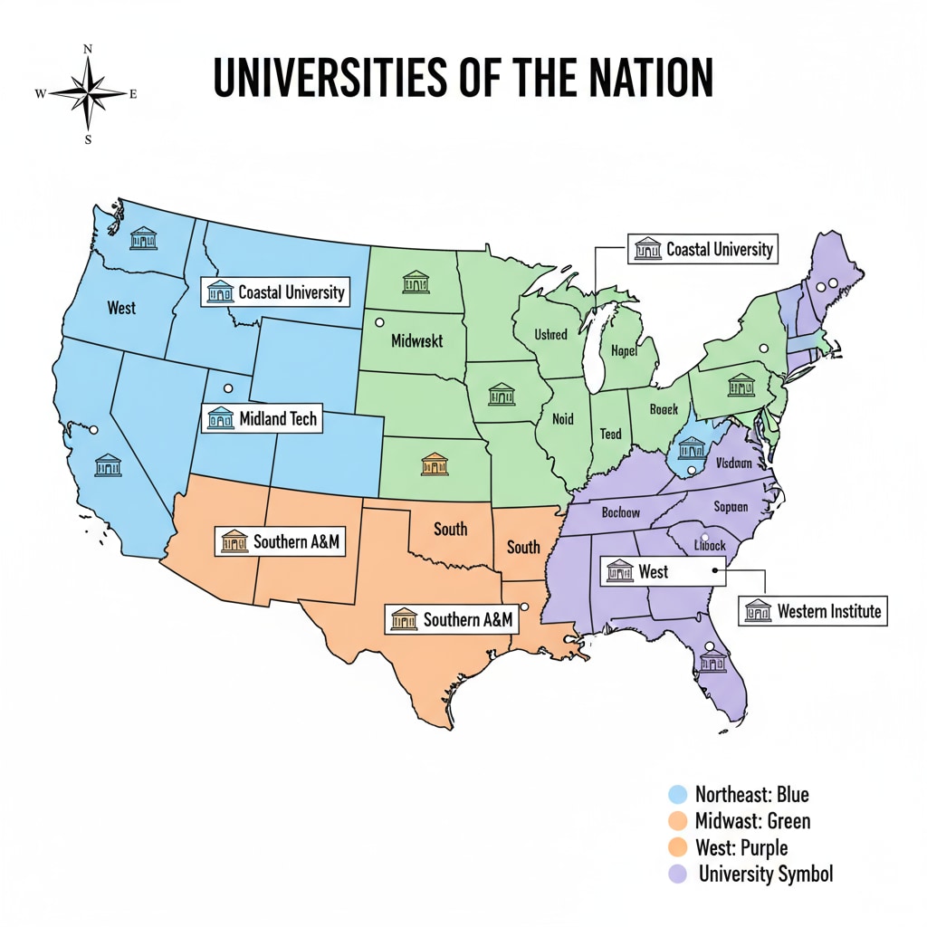 A map displays various universities across the country, with different colors representing different regions. Map of universities for university preparation and academic planning considerations