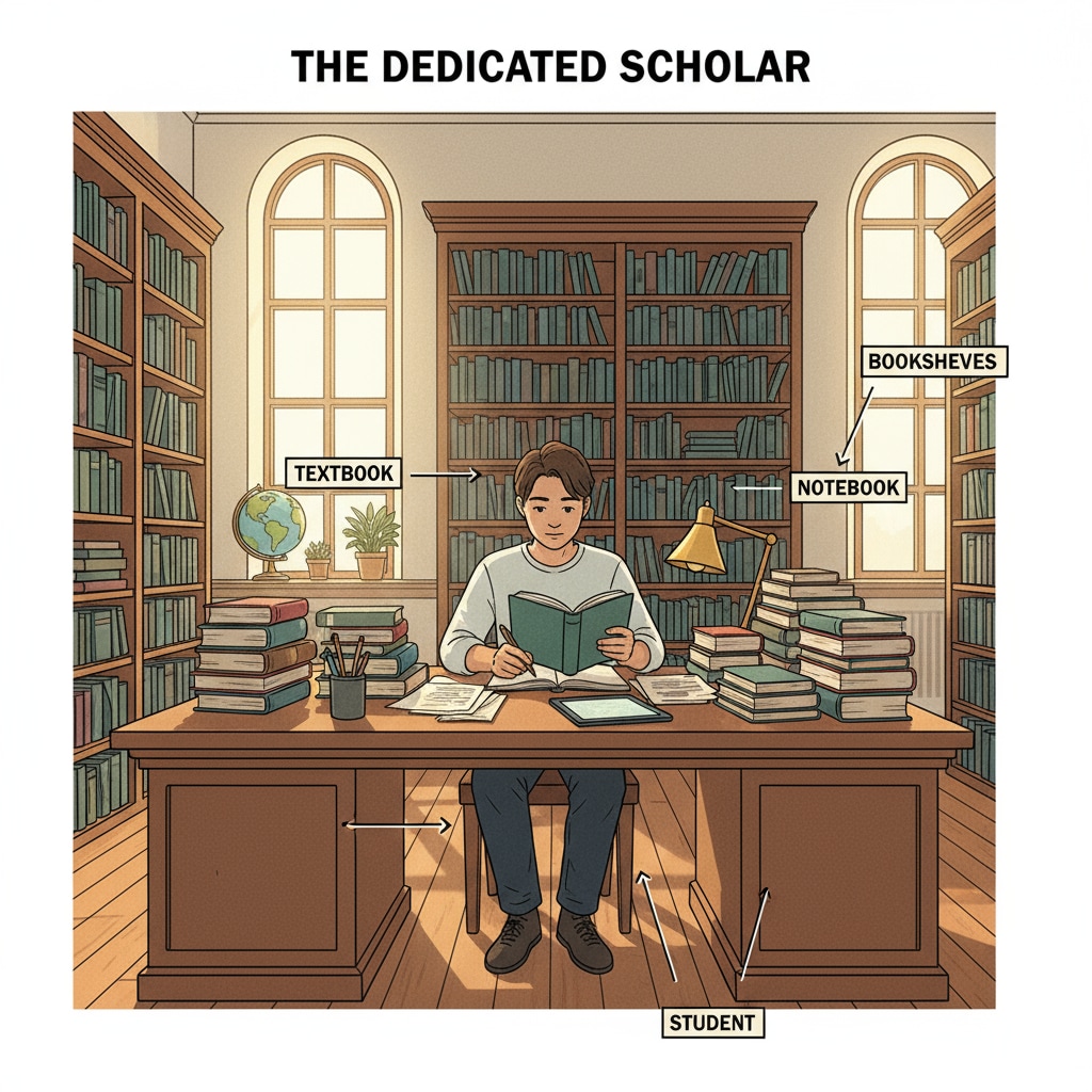 A student is sitting at a desk in a well-lit library, surrounded by books and papers, focused on studying. Student studying in a library for academic success during university as part of career development