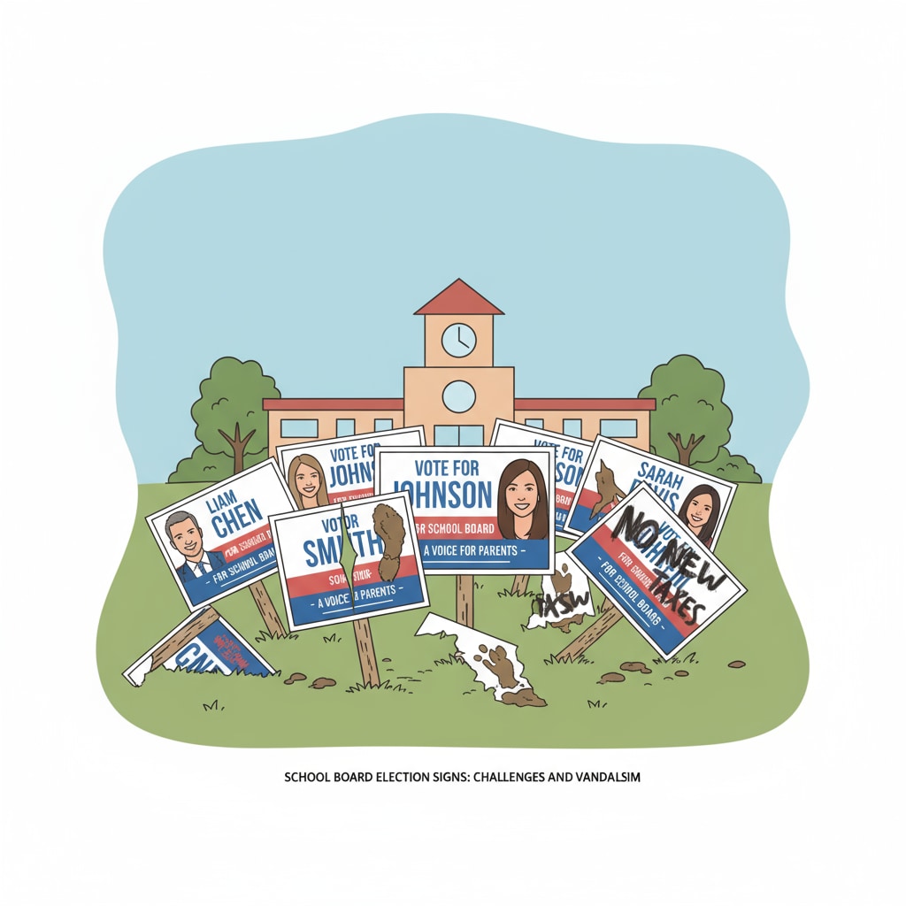 A group of campaign signs standing in a lawn, some signs seem to be damaged, representing the situation of campaign signs in school board elections Campaign signs in school board elections with some damaged, showing the political conflict