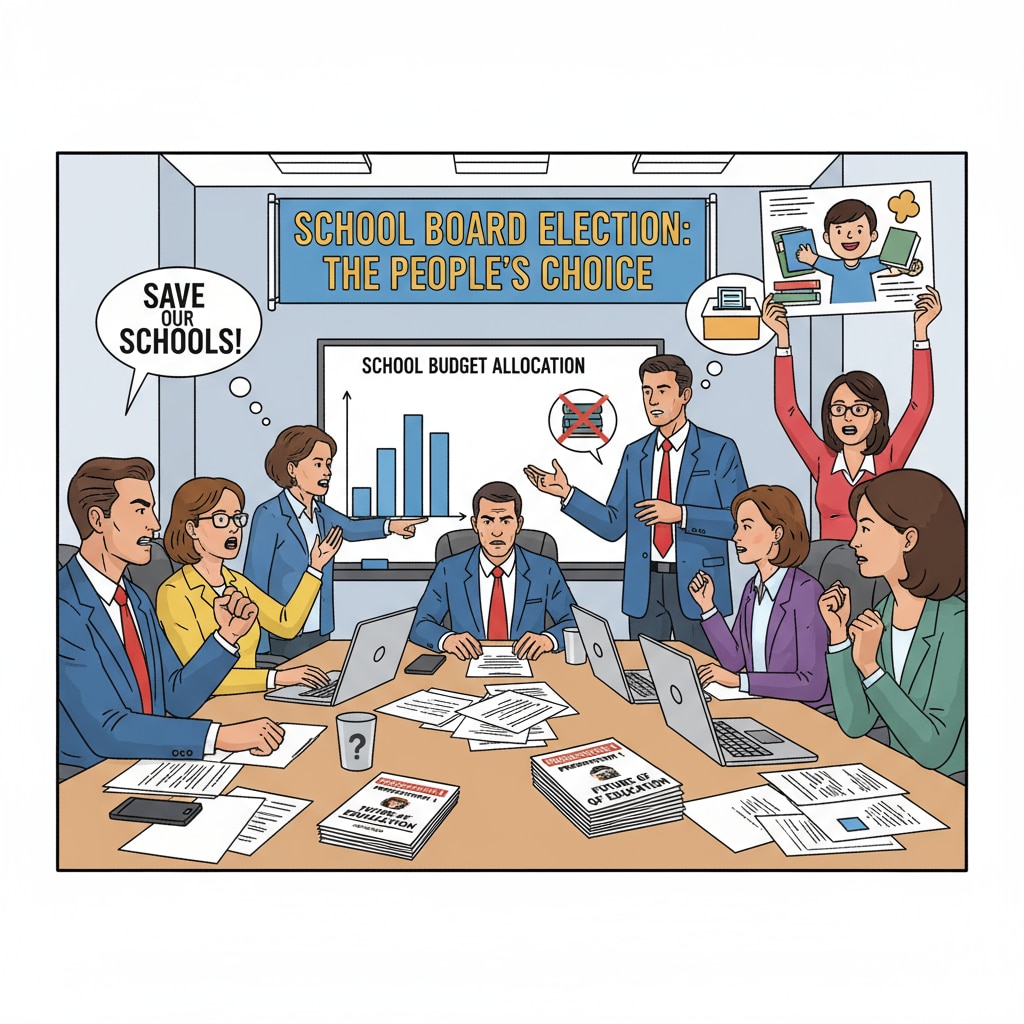 A meeting room where people are having a heated discussion about school board matters, representing the political tensions in school board elections Heated discussion about school board matters, indicating political tensions