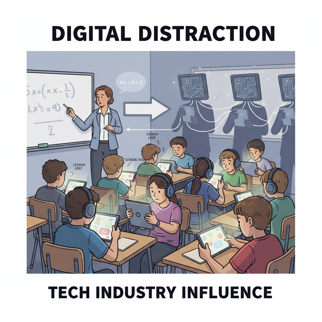 A classroom scene where students are more focused on their digital devices than on the teacher, highlighting how the tech industry's influence can distract students from learning. A classroom scene showing the impact of the attention economy and tech industry on students' attention in K12 education