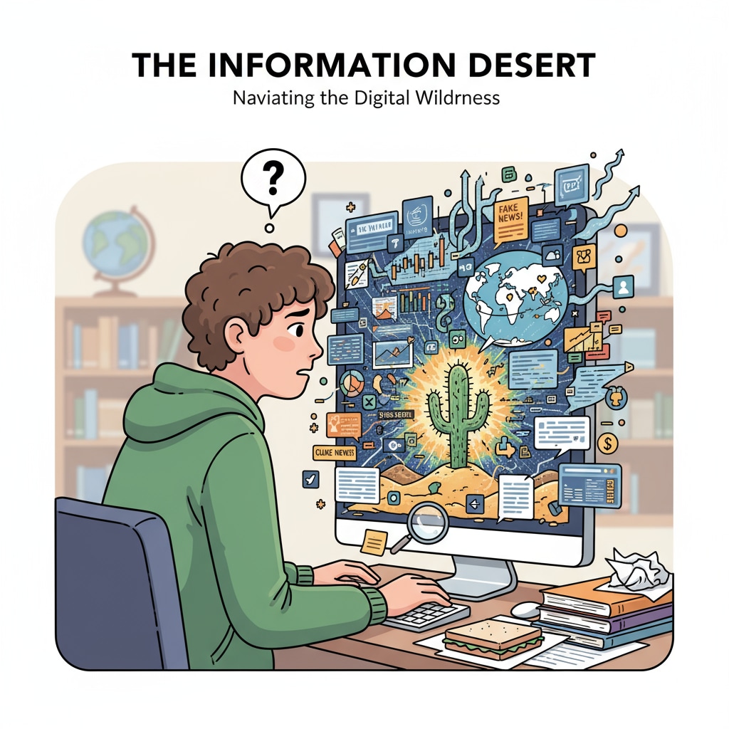 A student sitting in front of a computer screen filled with a chaotic mix of digital content, symbolizing the information desert they are navigating. A student facing the challenges of the information desert created by the tech industry in K12 education