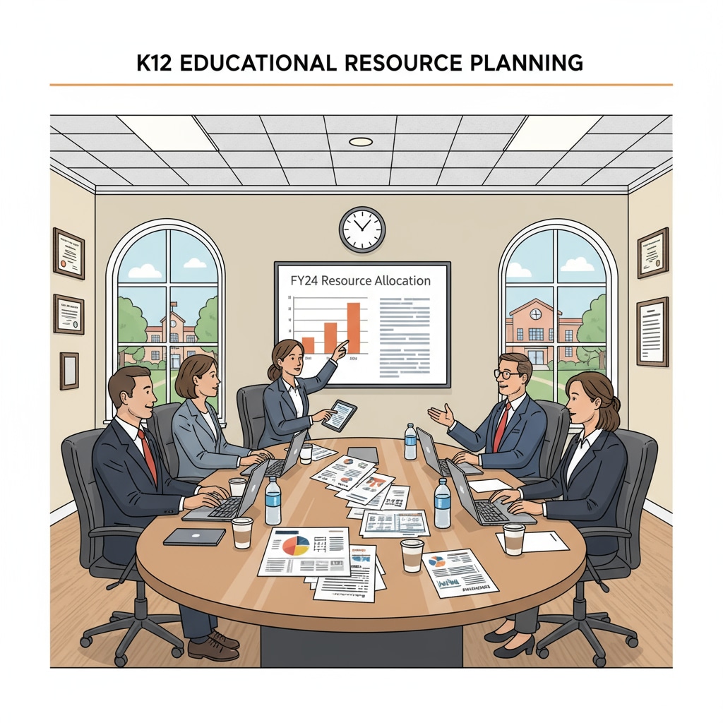 A group of K12 administrators are sitting around a conference table, engaged in a deep discussion about educational resource allocation, with papers and laptops in front of them. K12 administrators discussing educational management and ethical dilemmas during a leadership decision - making meeting