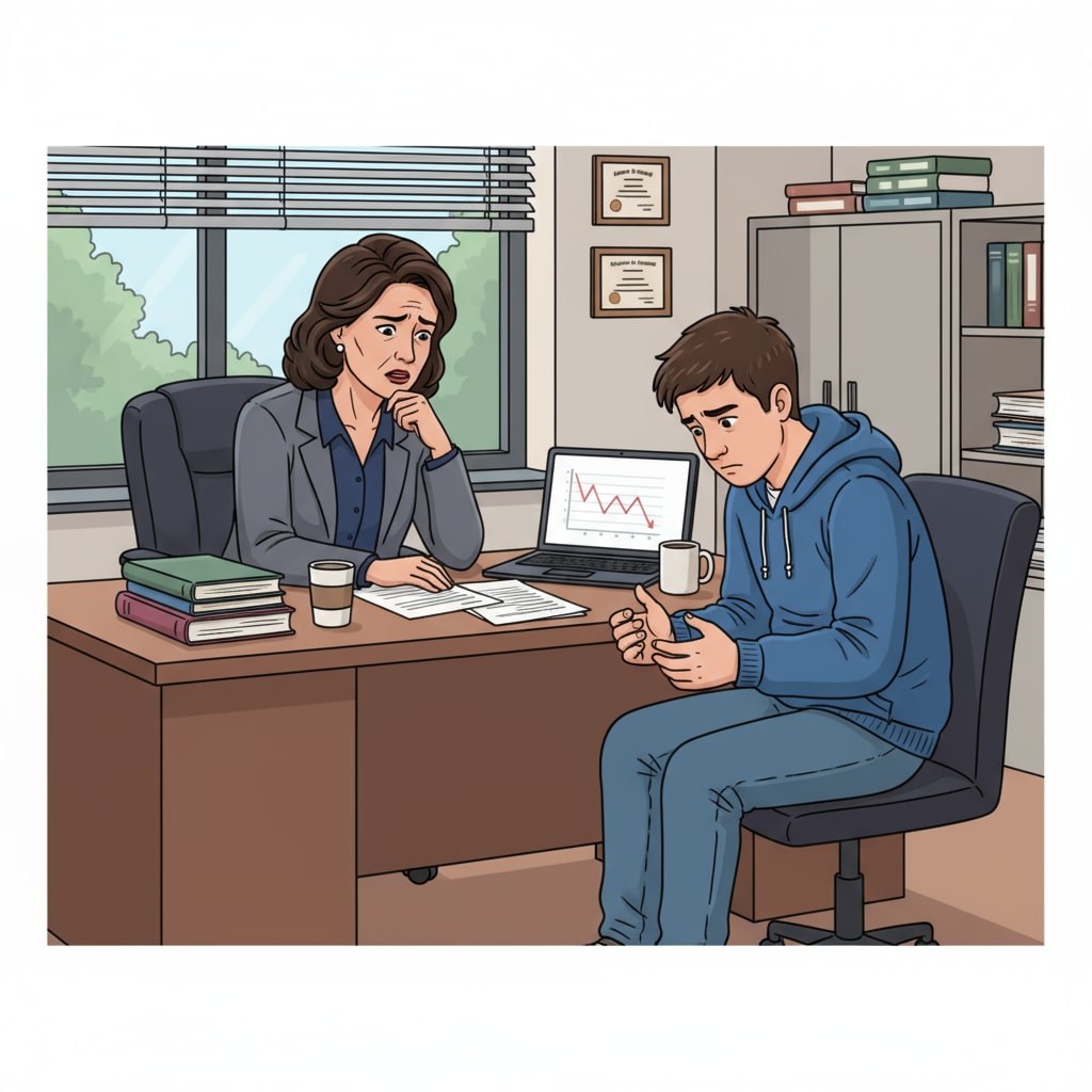 A K12 administrator is having a one - on - one conversation with a student in a school office. The administrator has a concerned expression, and the student looks a bit nervous, clearly discussing a discipline issue. K12 administrator handling an ethical dilemma related to student discipline in a leadership decision - making moment