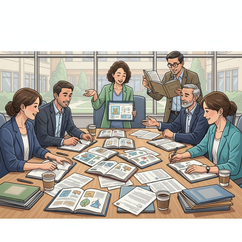 A group of in-service physics teachers are sitting around a table, looking at documents and discussing postgraduate study options with enthusiasm. In-service physics teachers discussing postgraduate study options