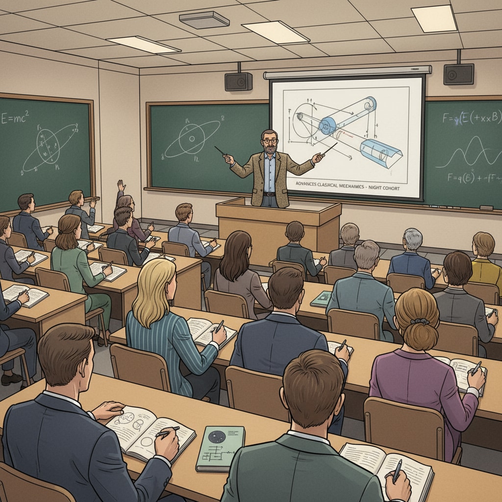 In a night school classroom, in-service physics teachers are attentively listening to a professor's lecture, taking notes, and engaging in the learning process. In-service physics teachers attending a night school class