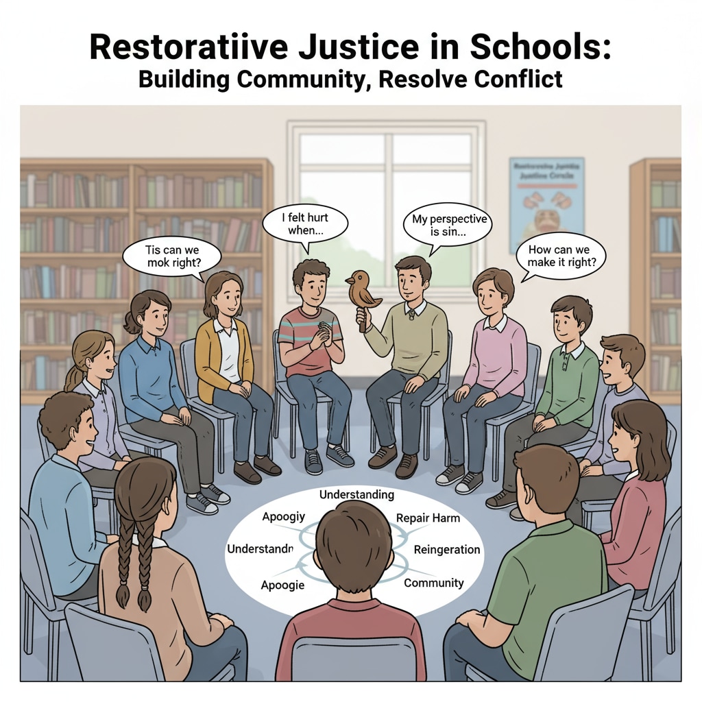 A group of students and teachers sitting in a circle, having an open and honest discussion about a conflict situation. This represents the application of restorative justice in a school setting. Students and teachers engaged in a restorative justice circle discussion in a K12 school